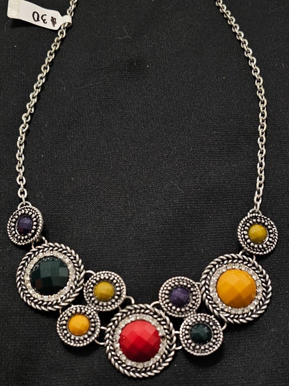 Chunky Boho Multicolor Cabochon Statement Necklace Silver Rope Art Deco Bib